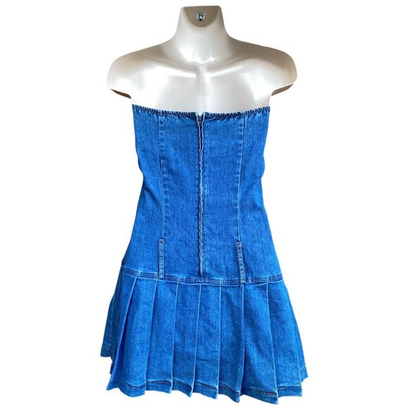 Y2K Denim Tube Dress M Pleated Skirt Lace-Up Front Drop Waist Skater 2000s USA - Picture 5 of 16